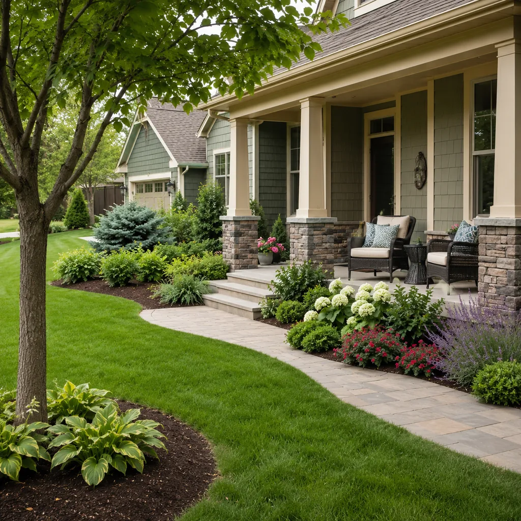 Realistic editorial photo of a landscaped American front yard with lawn, shrubs, mulch beds, trees, walkway, and house exterior showing seating area without a b
