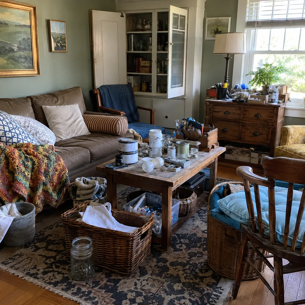 Realistic editorial photo of a living room with crowded surfaces, extra chairs, baskets, blankets, cords, and storage furniture showing old paint, bulbs, and ha