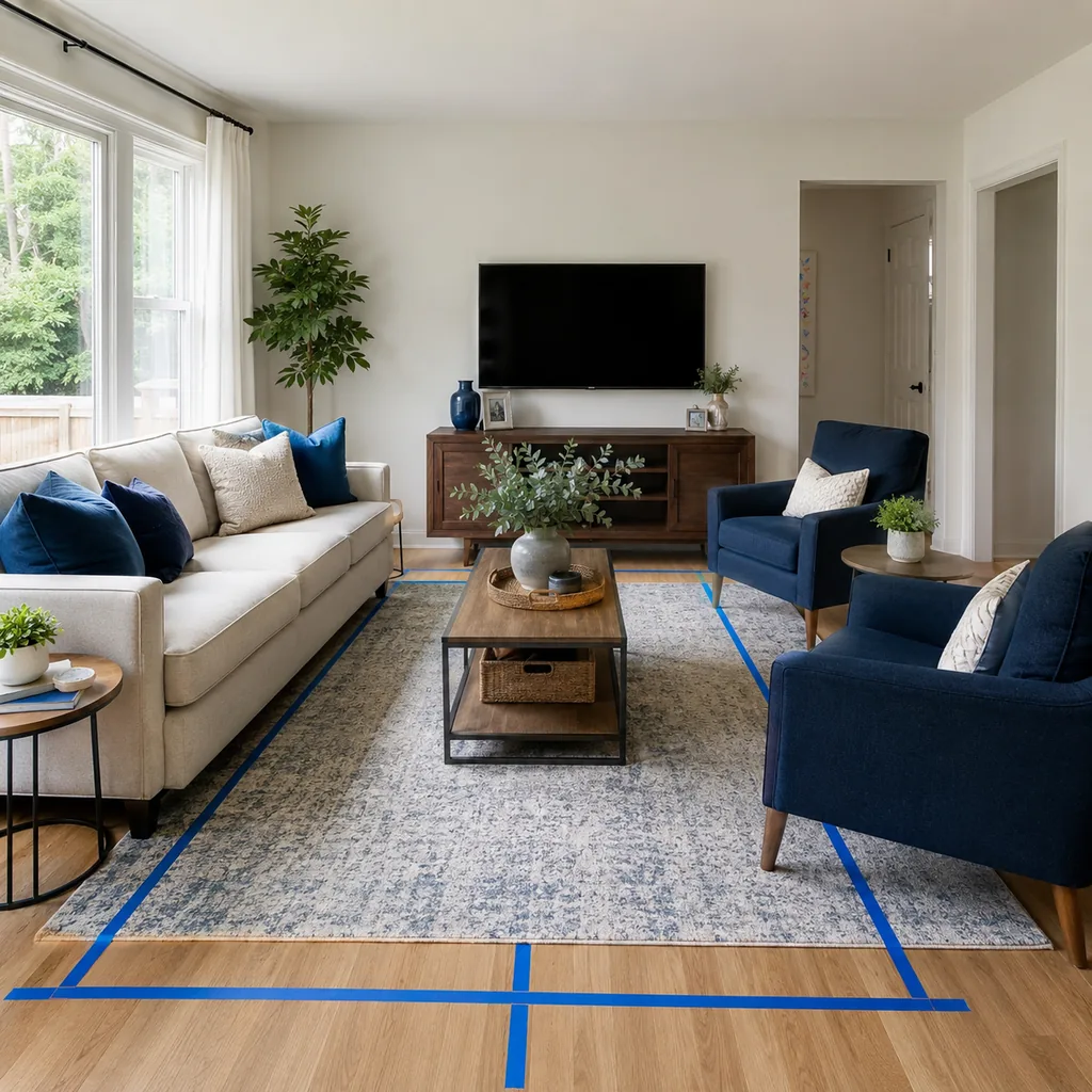 Realistic editorial photo of a living room with sofa, chairs, rug, TV, windows, and taped layout marks showing one strong accent color instead of five