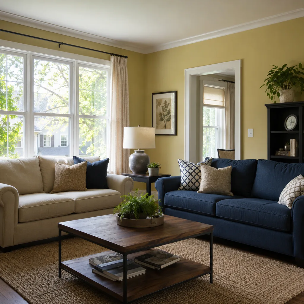 Realistic editorial photo of a living room with sofas in different upholstery colors, pillows, wall paint, and daylight showing yellow exteriors buyers read as 