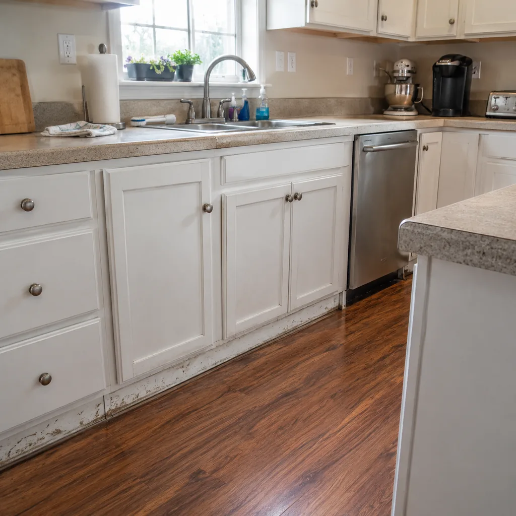 Realistic editorial photo of a realistic American kitchen with sink, cabinets, appliances, counters, and inspection details showing toe-kicks that look scuffed
