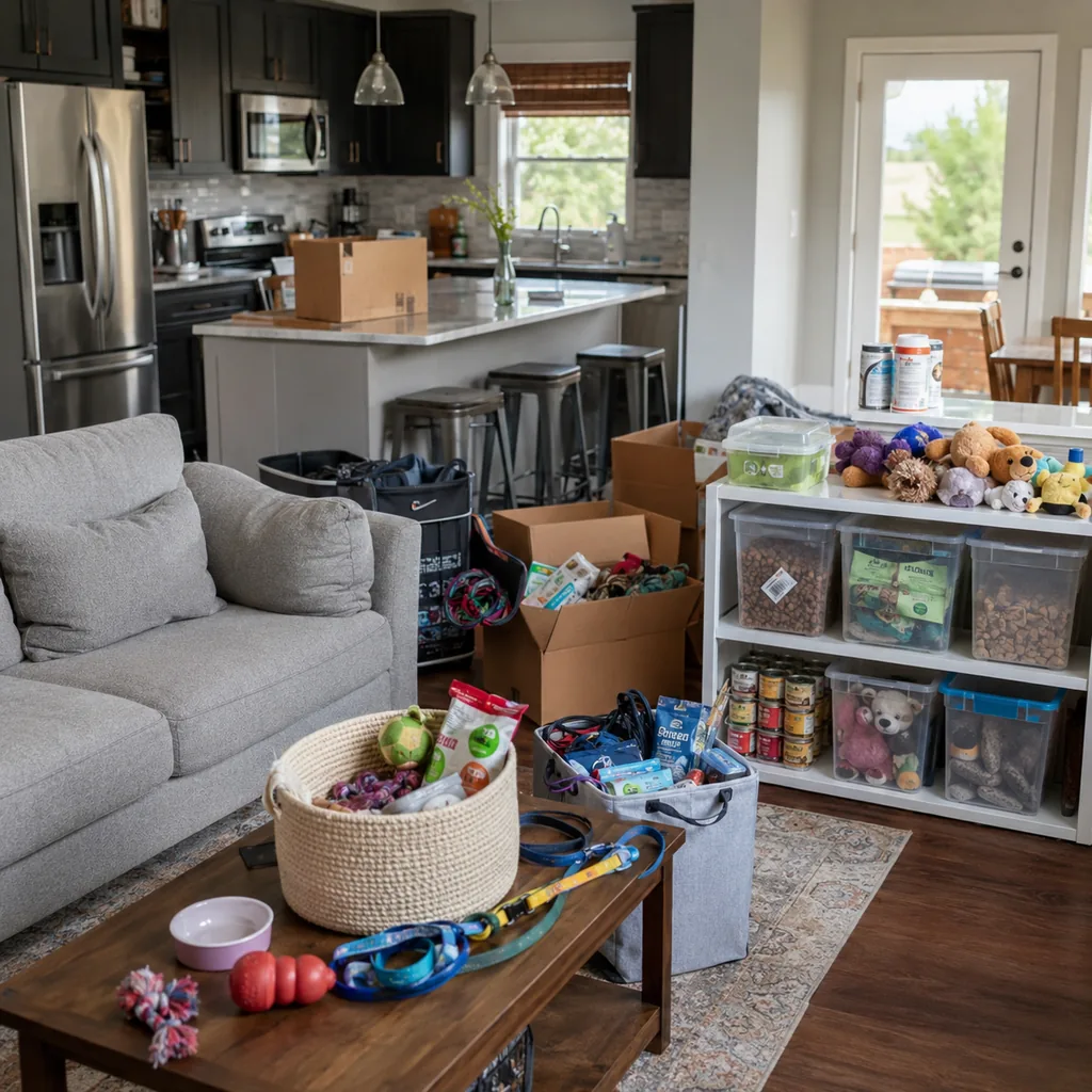 Realistic editorial photo of a realistic cluttered living room and kitchen area with boxes, counters, shelves, and organizing bins showing pet supplies without 