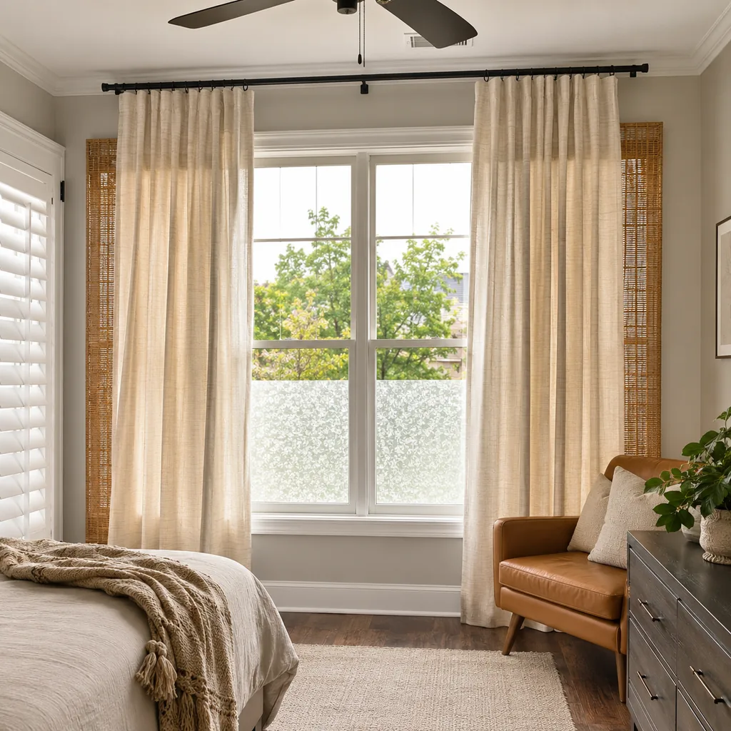 Realistic editorial photo of a room with windows, shades, shutters, woven panels, privacy film, and soft natural light showing curtains used instead of real sha