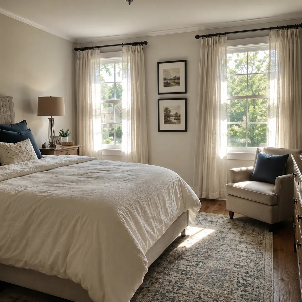 Realistic editorial photo of a small American room with windows, curtains, rods