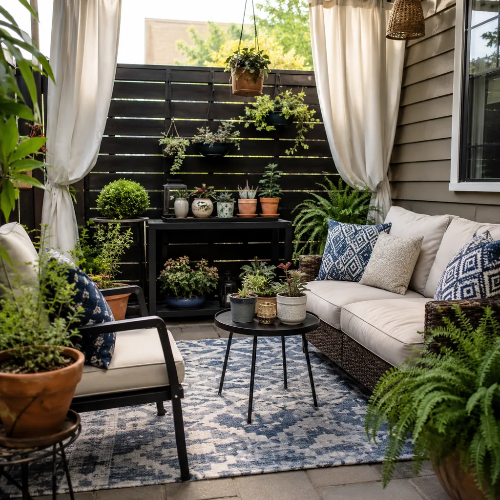 Realistic editorial photo of a small patio with compact seating, outdoor rug, plants, side table, curtains, and privacy screen showing tiny pots scattered every