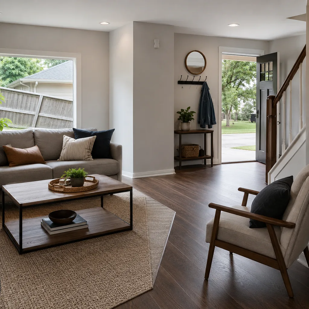 Realistic editorial photo of a staged home interior with living room, entry, lighting, furniture placement, and listing-photo details showing fence leaning at t