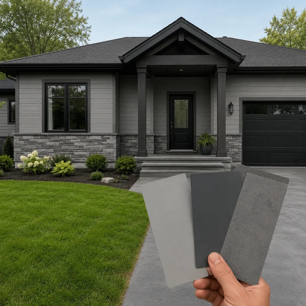 Realistic editorial photo of a suburban home exterior with siding, trim, roof, front door, lawn, and paint swatches showing cool gray walls with gray floors
