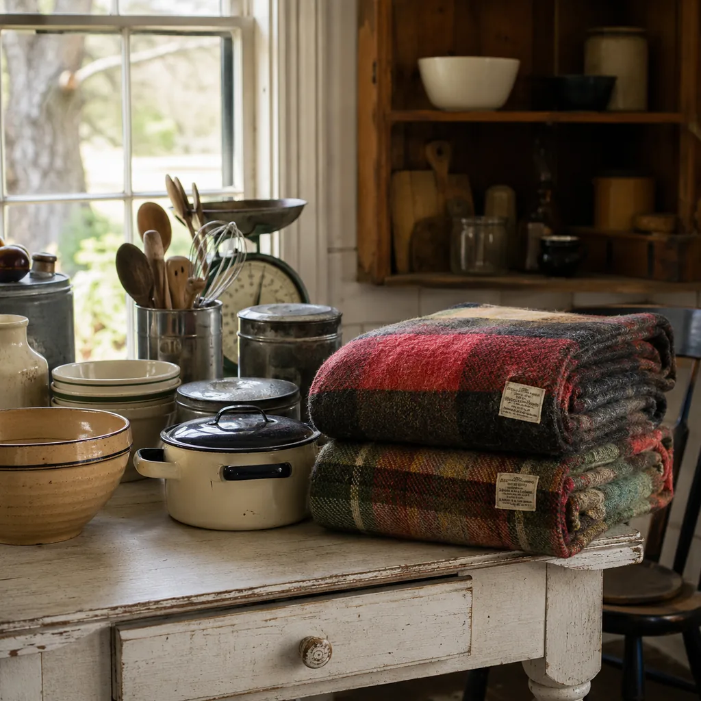 Realistic editorial photo of a vintage kitchen table with bowls, enamel cookware, utensils, tins, and warm window light showing wool blankets with intact labels