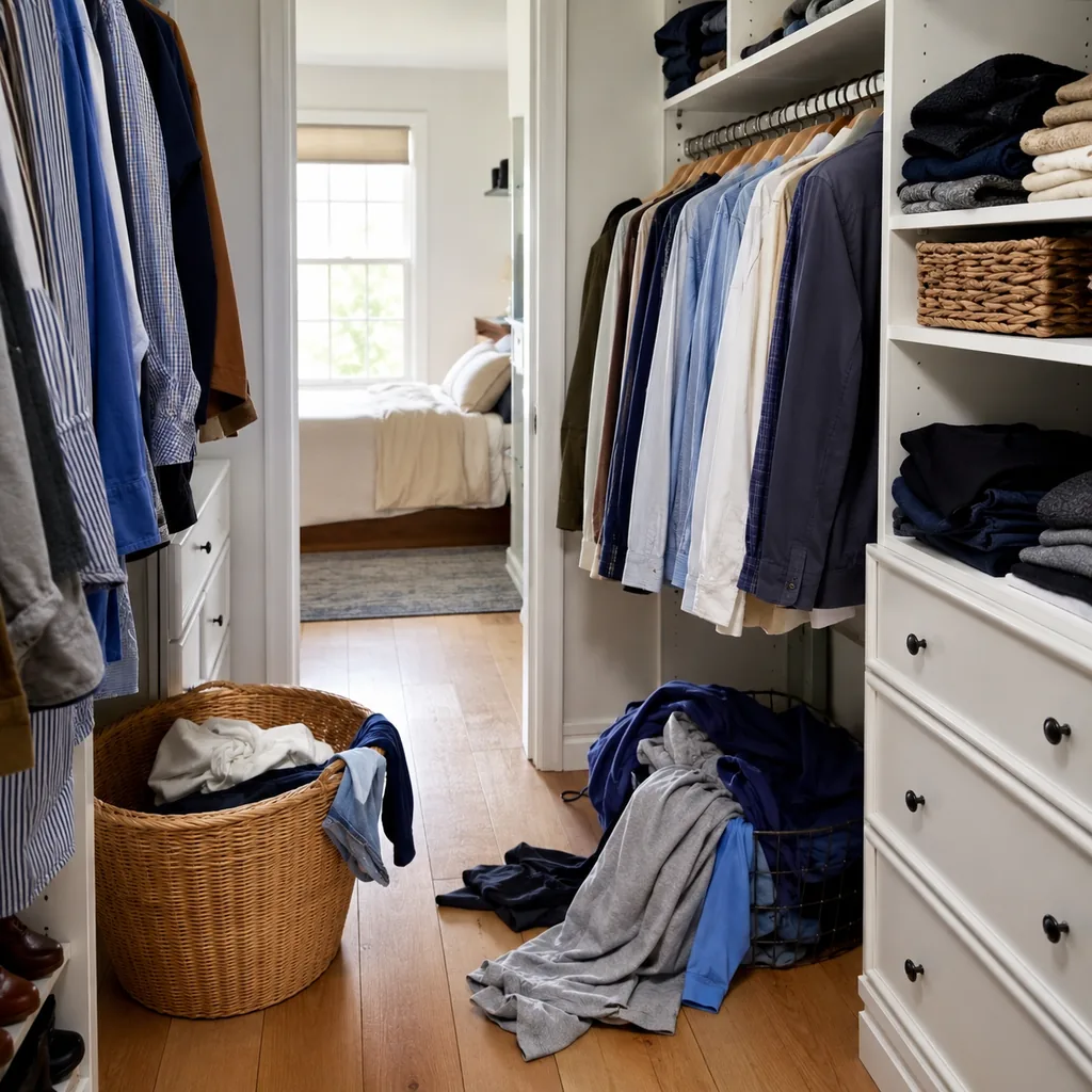 Realistic editorial photo of an American closet showing forgetting laundry return flow
