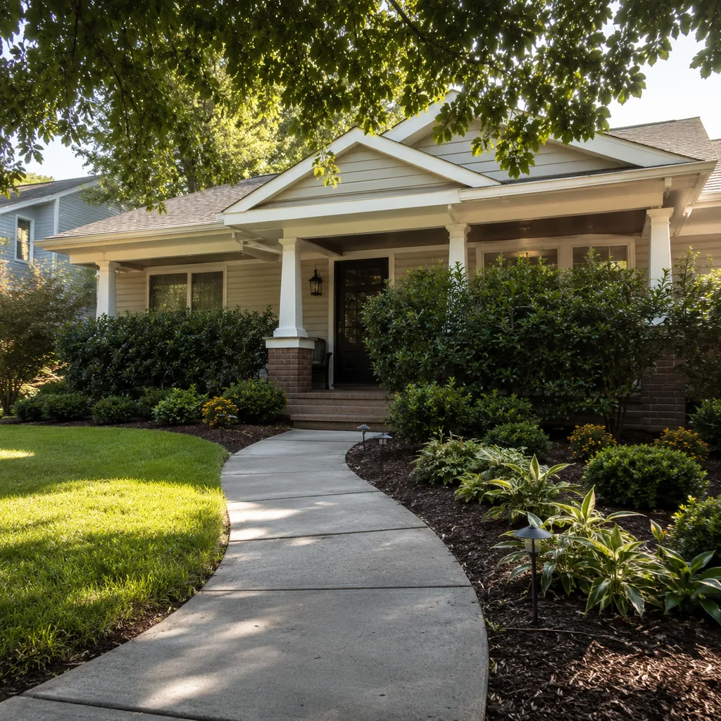 Realistic editorial photo of an American front yard with lawn, shrubs, walkway, mulch beds, trees, and a front porch showing shrubs that hide the windows