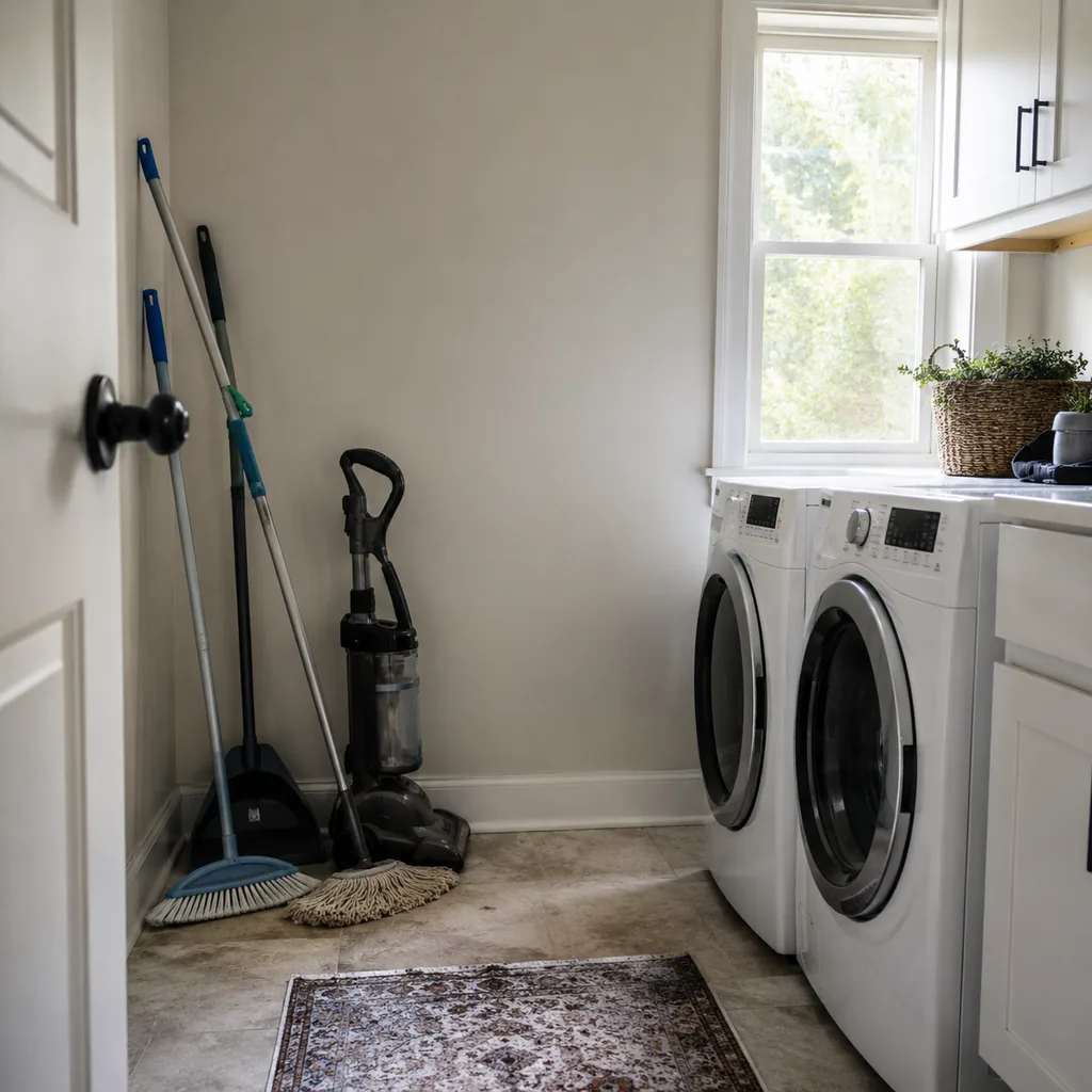 Realistic editorial photo of an American laundry room showing forgetting storage for bulky cleaning tools