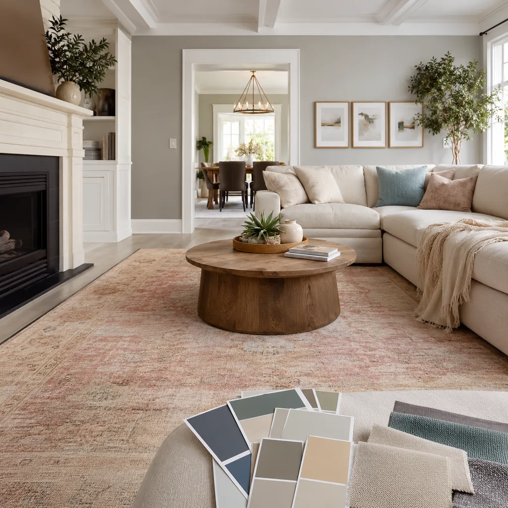 Realistic editorial photo of an American living room with paint swatches, sofa fabric, wall colors, and natural light showing rug introducing the wrong underton