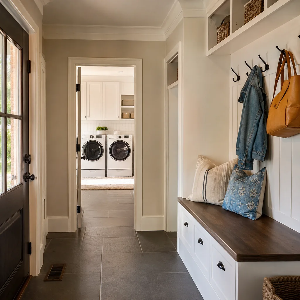 Realistic editorial photo of an American mudroom showing putting laundry far away