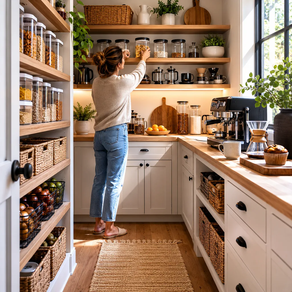 Realistic editorial photo of an American walk-in pantry showing forgetting breakfast and coffee flow