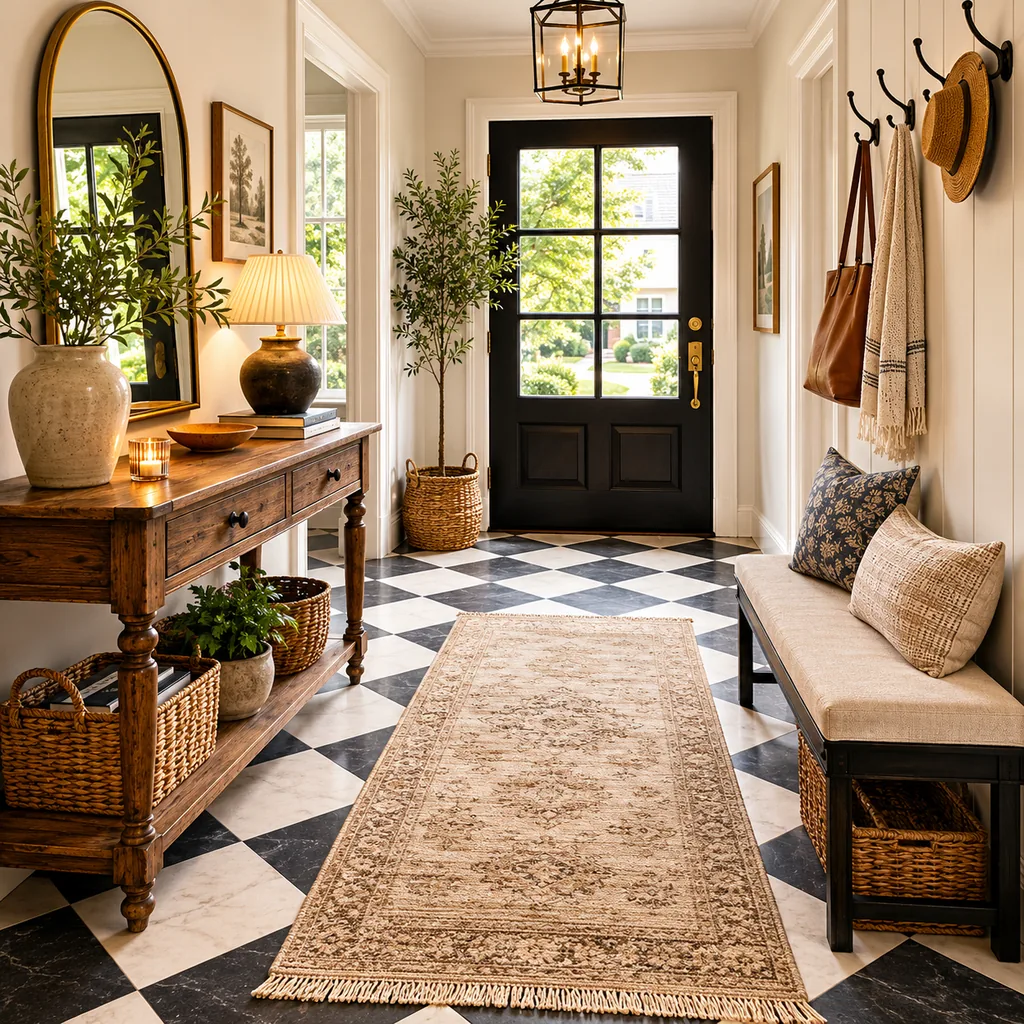 Realistic editorial photo of an entryway with console table, mirror, bench, hooks, rug, lighting, and storage showing checkerboard floors in a quiet palette