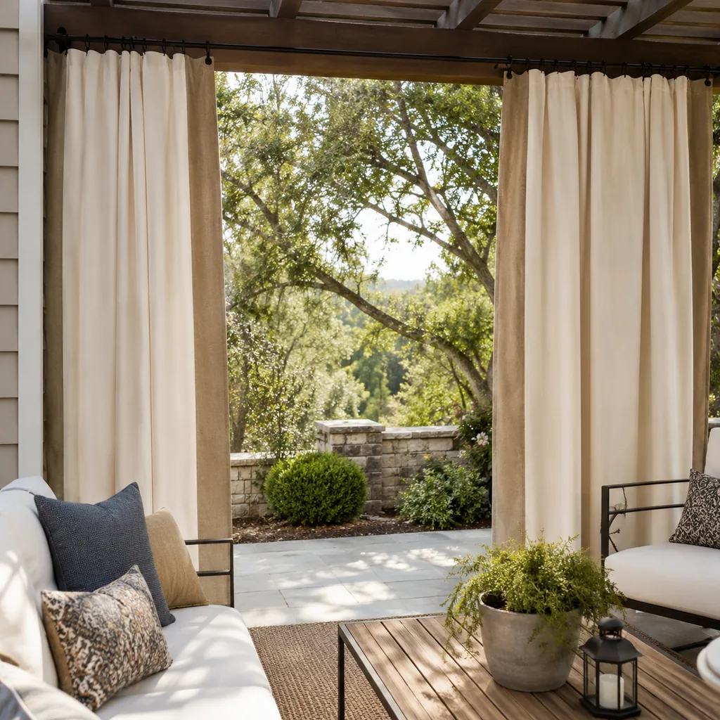 Realistic editorial photo of an outdoor patio with pergola curtains, seating, plants, fabric panels, and sunlight showing hardware finish fighting the room