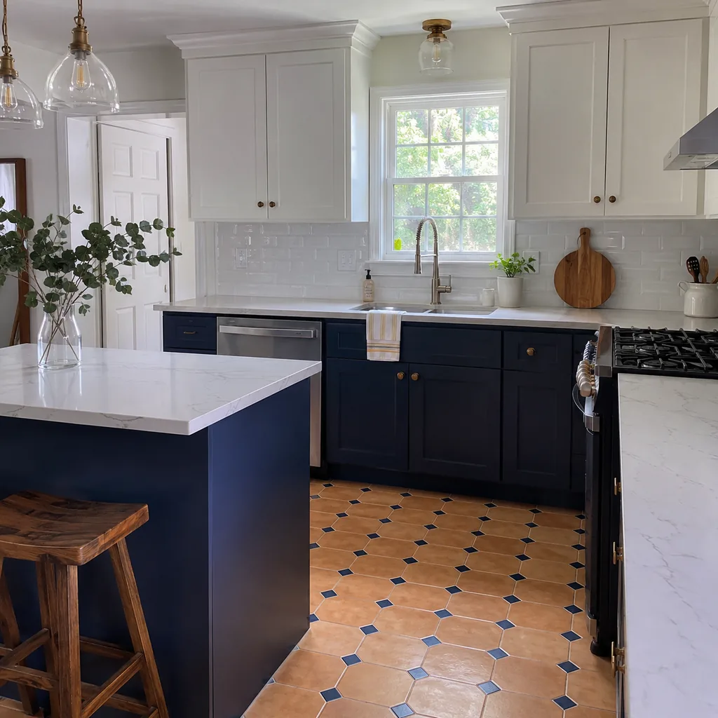 Realistic editorial photo of an updated kitchen with new counters, cabinets, backsplash, sink, hardware, and lingering dated details showing floor color that fi