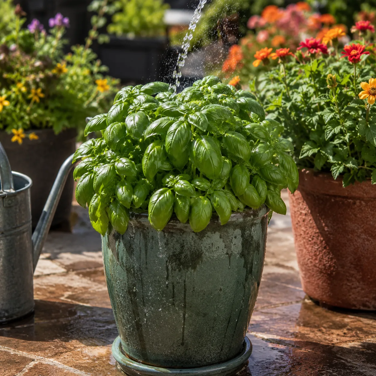 Realistic editorial photo of Basil with steady water growing in sunny patio containers with heat tolerant flowering plan