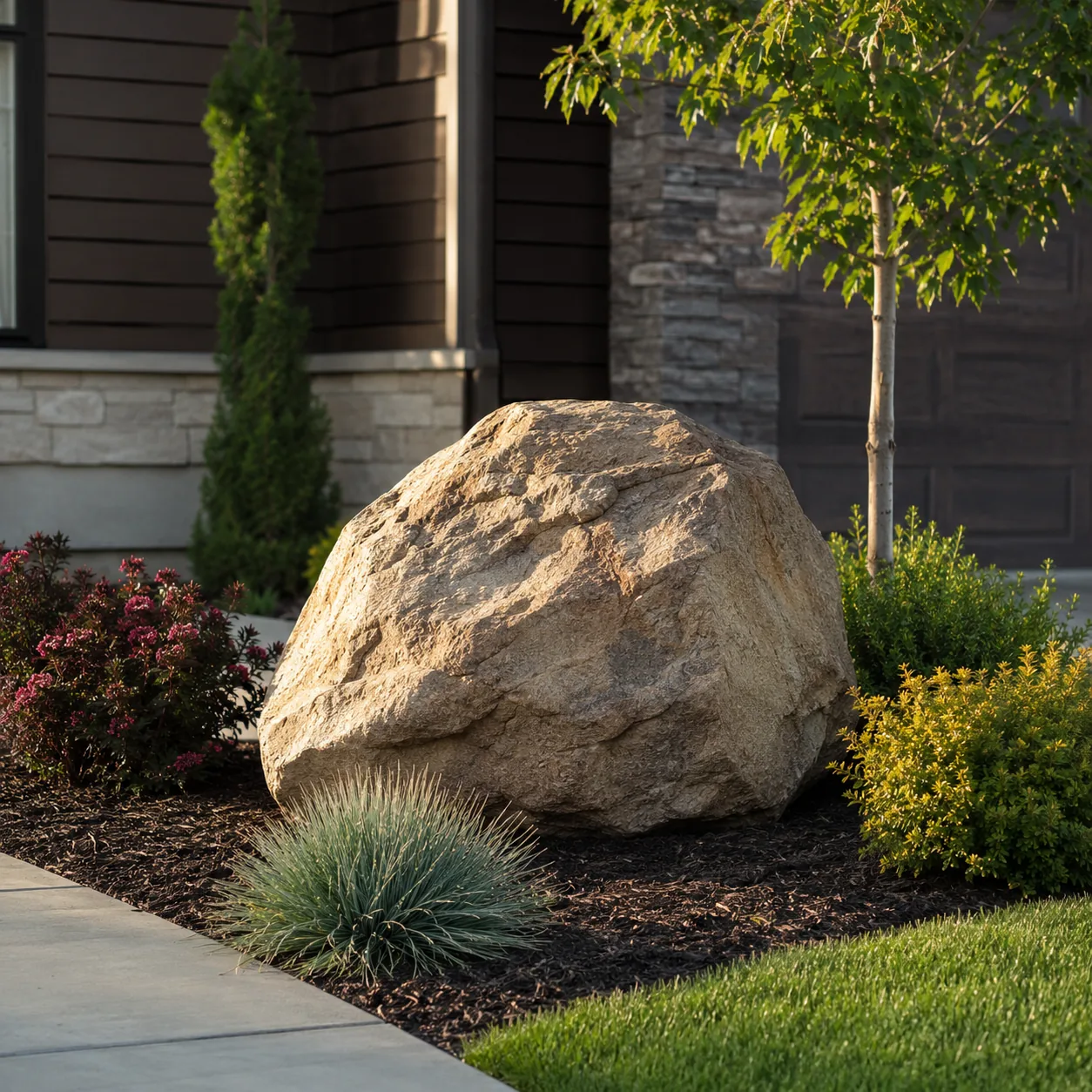 Realistic editorial photo of choose one statement boulder in polished suburban front yard, realistic editorial photo, na