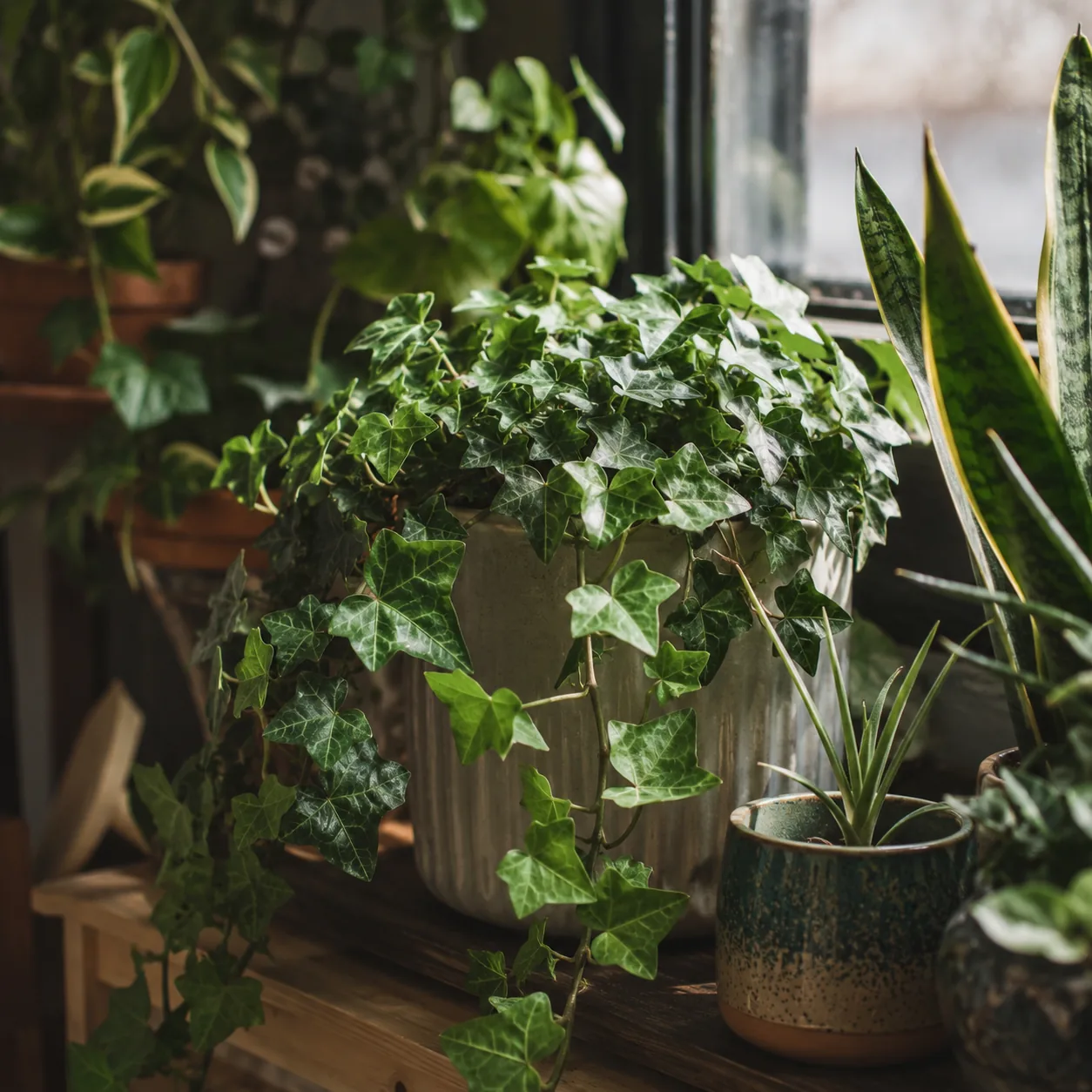 Realistic editorial photo of English ivy with caution growing in low light room corner with houseplants near a window, r