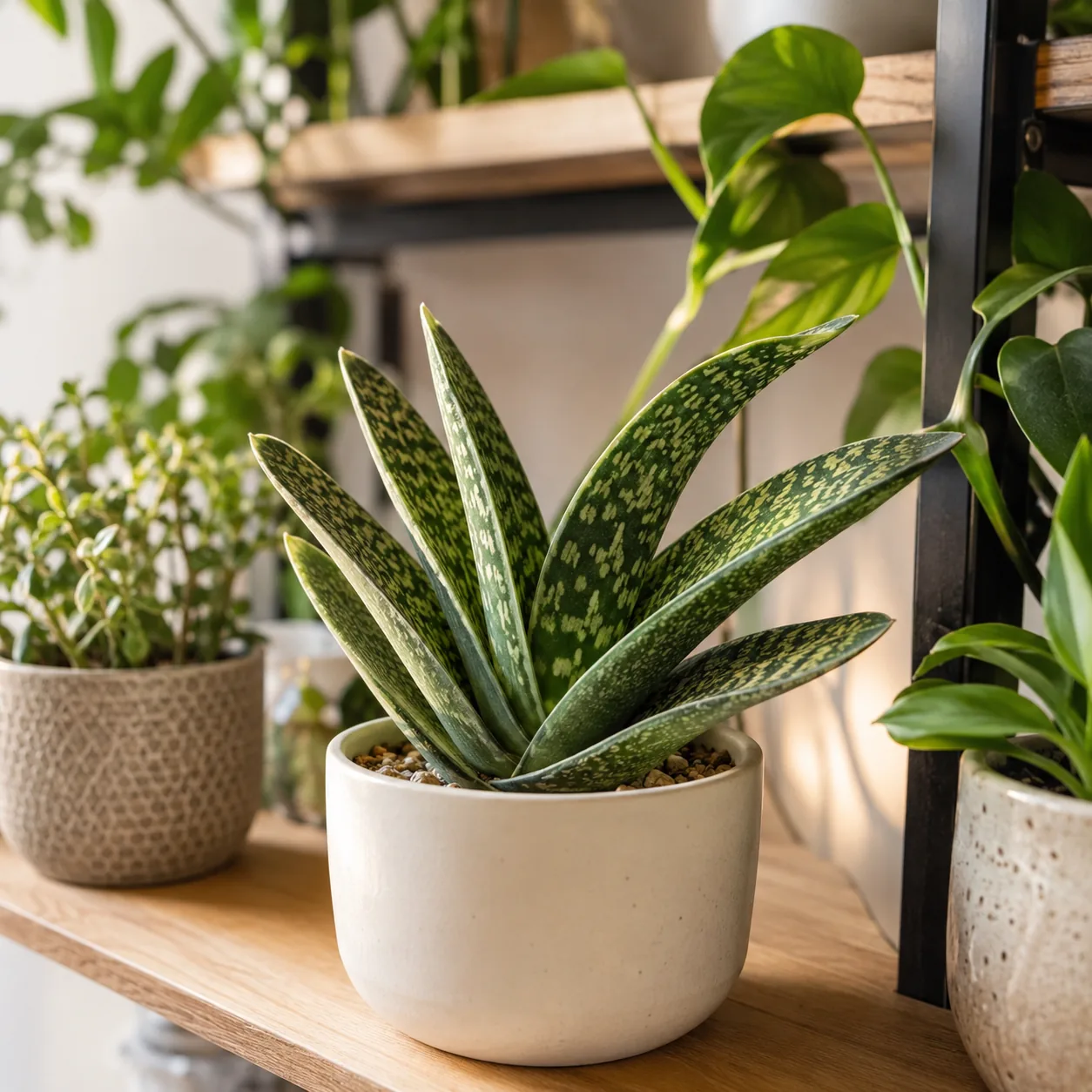 Realistic editorial photo of Gasteria growing in bright indoor shelf with low maintenance houseplants, realistic editori