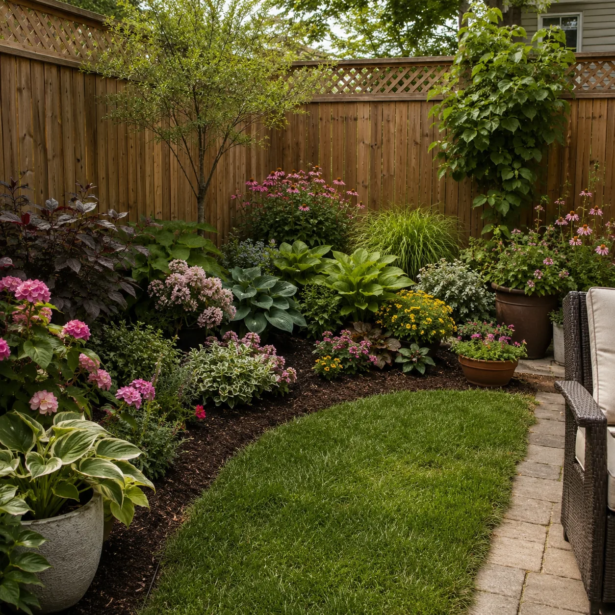 Realistic editorial photo of keep plant colors tighter in small fenced backyard, realistic editorial photo, natural ligh