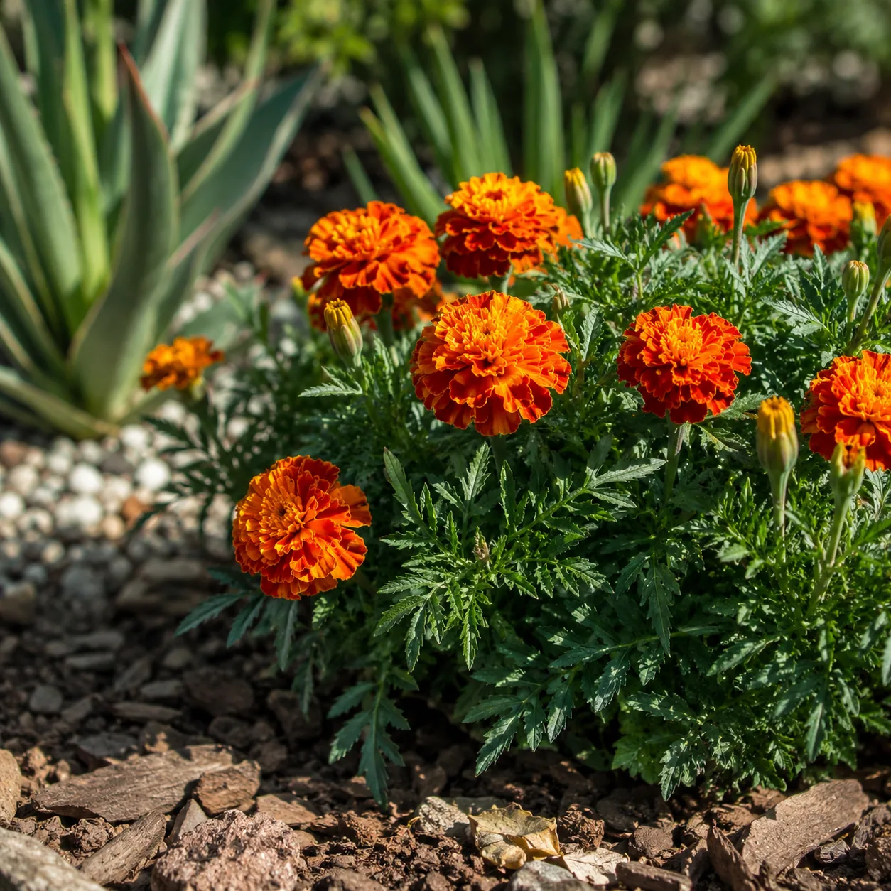 Realistic editorial photo of Marigold growing in sunny drought tolerant flower bed in summer heat, realistic editorial p