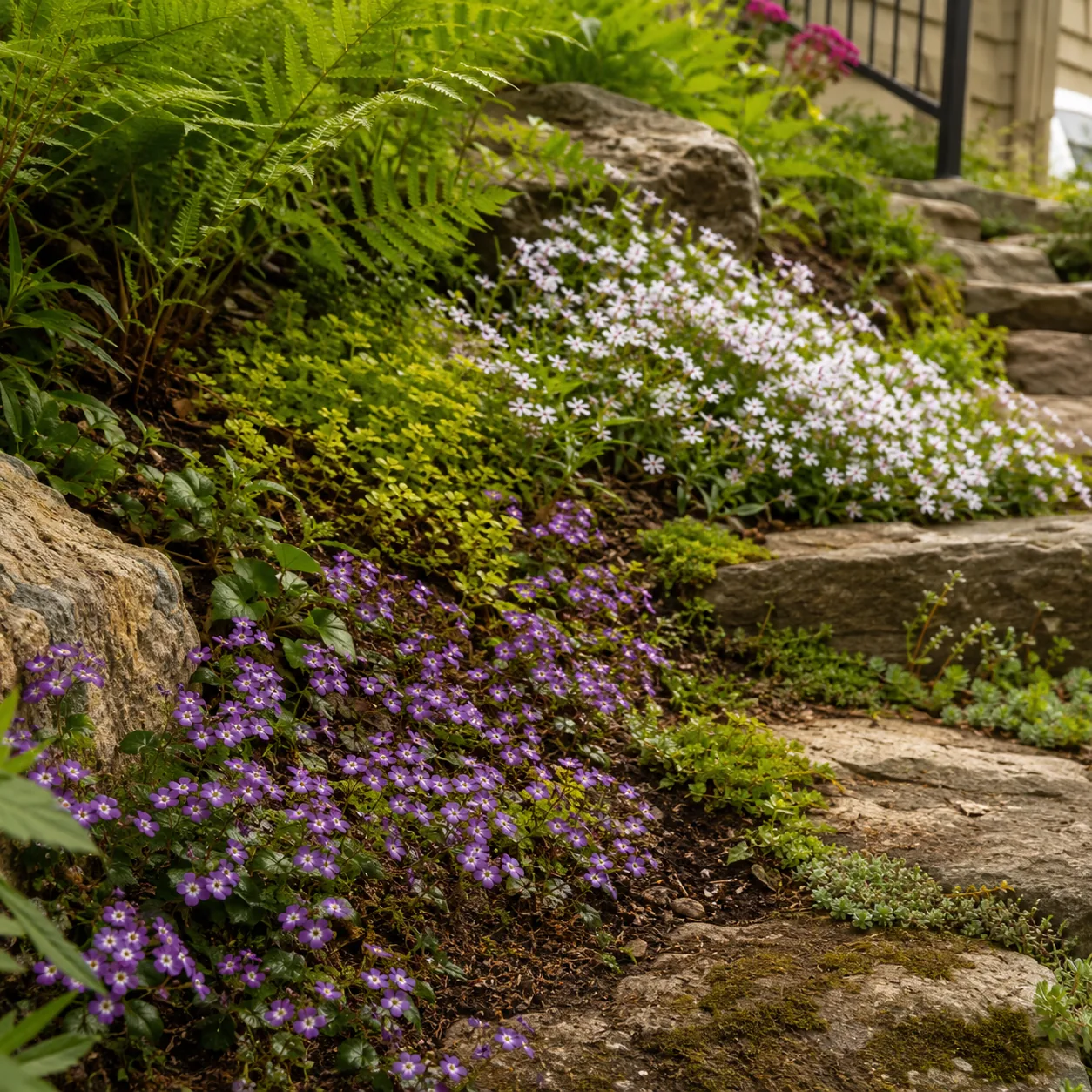 Realistic editorial photo of Mazus in damp spots growing in sloped front yard planted with controlled ground covers, rea