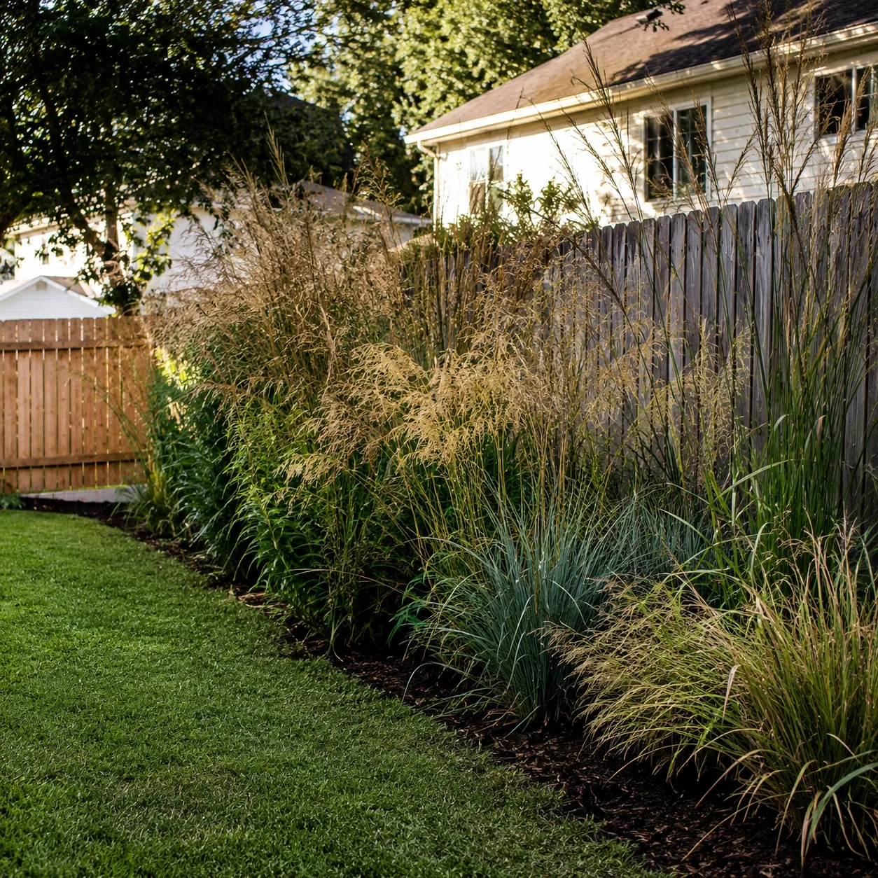 Realistic editorial photo of mixed grasses privacy strip in an ordinary backyard needing privacy, realistic editorial ph
