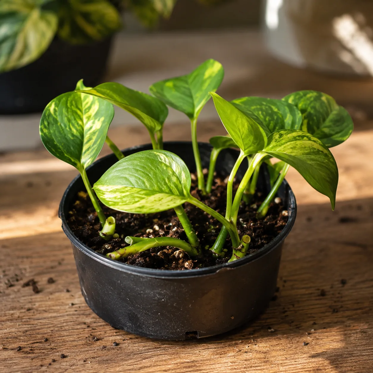 Realistic editorial photo of small starter pot filled with several pothos cuttings, warm natural light, practical home g