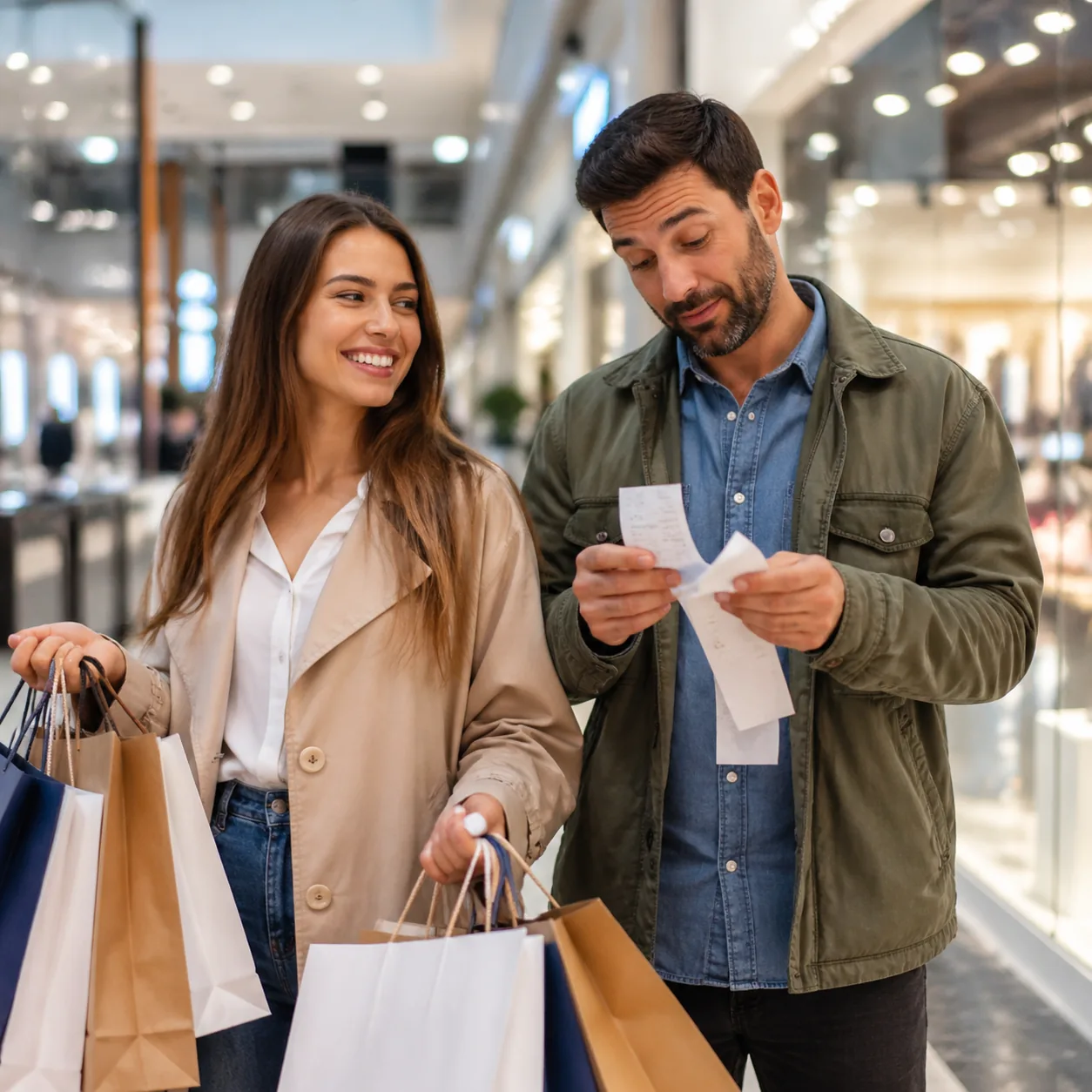 Realistic lifestyle photo of a wife smiling while shopping with bags in hand, husband holding the receipts with a slight