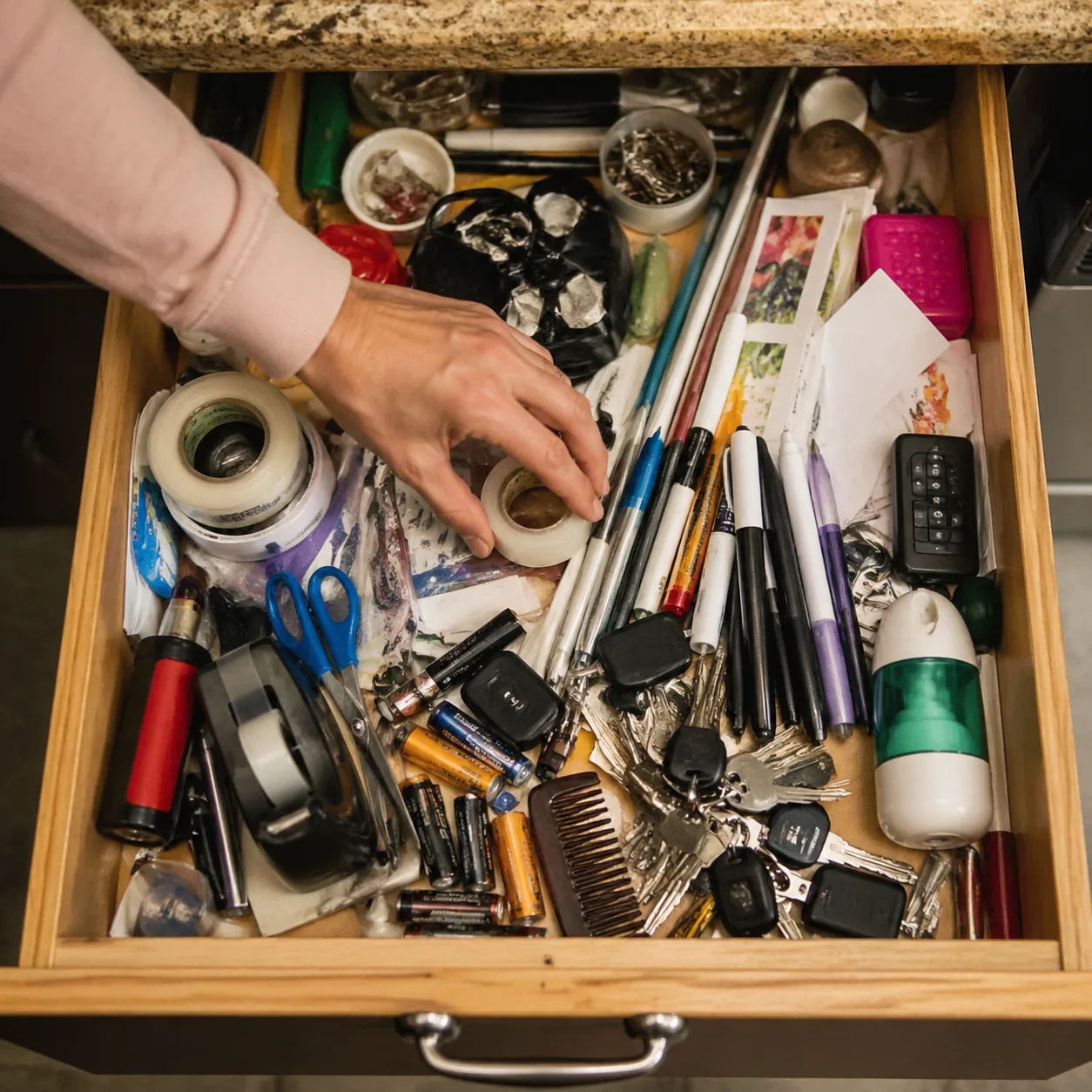 Realistic overhead photo of a kitchen junk drawer filled with tape, pens, batteries, coupons, keys, and tiny household o