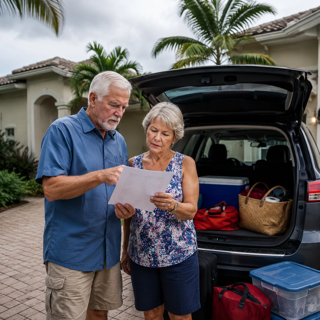 retired couple reviewing evacuation checklist beside packed car in Florida driveway, realistic editorial lifestyle photo