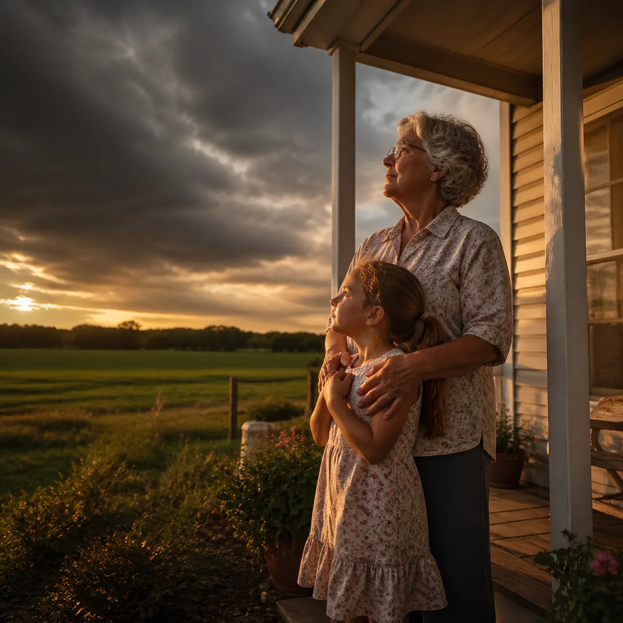 Warm editorial photo of a grandmother and granddaughter standing on a country porch looking up at gathering storm clouds