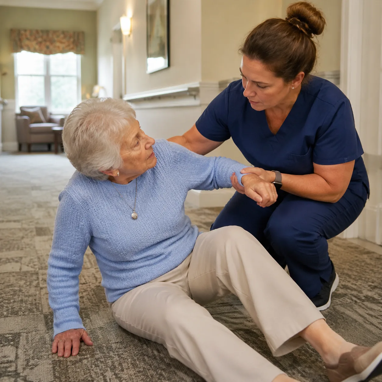 caregiver helping older resident after minor fall drill in assisted living hallway, realistic editorial lifestyle photog