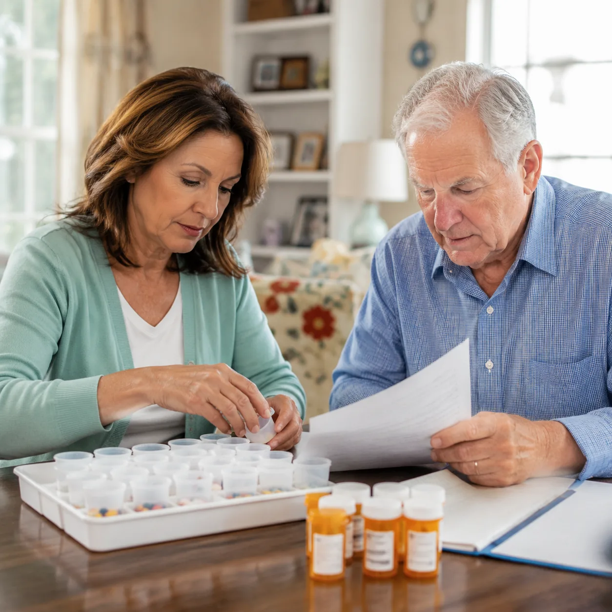 caregiver organizing medication cups while adult child reviews assisted living medication fee sheet, realistic editorial