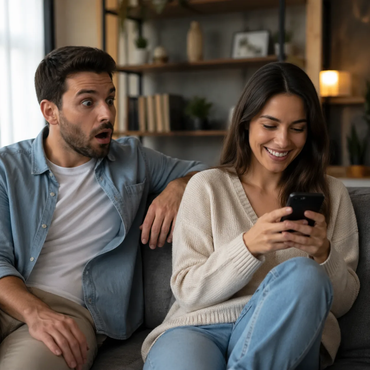 Cozy realistic lifestyle photo of a husband looking surprised on the couch while his wife smiles into her phone