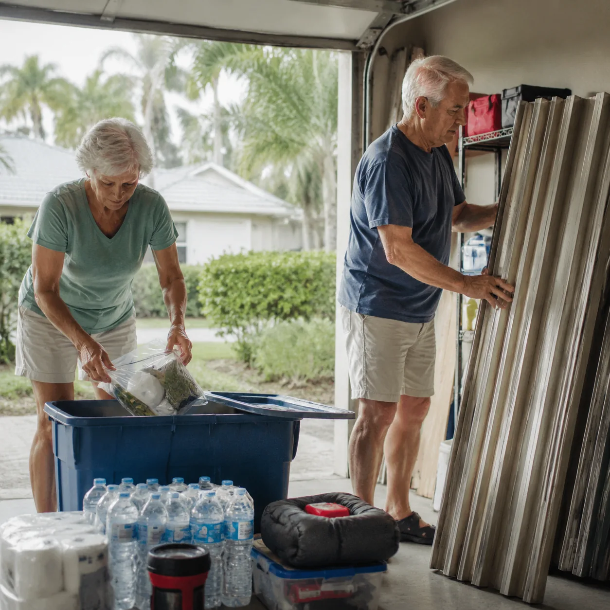 older couple organizing hurricane supplies and window shutters in Florida garage, realistic editorial lifestyle photogra