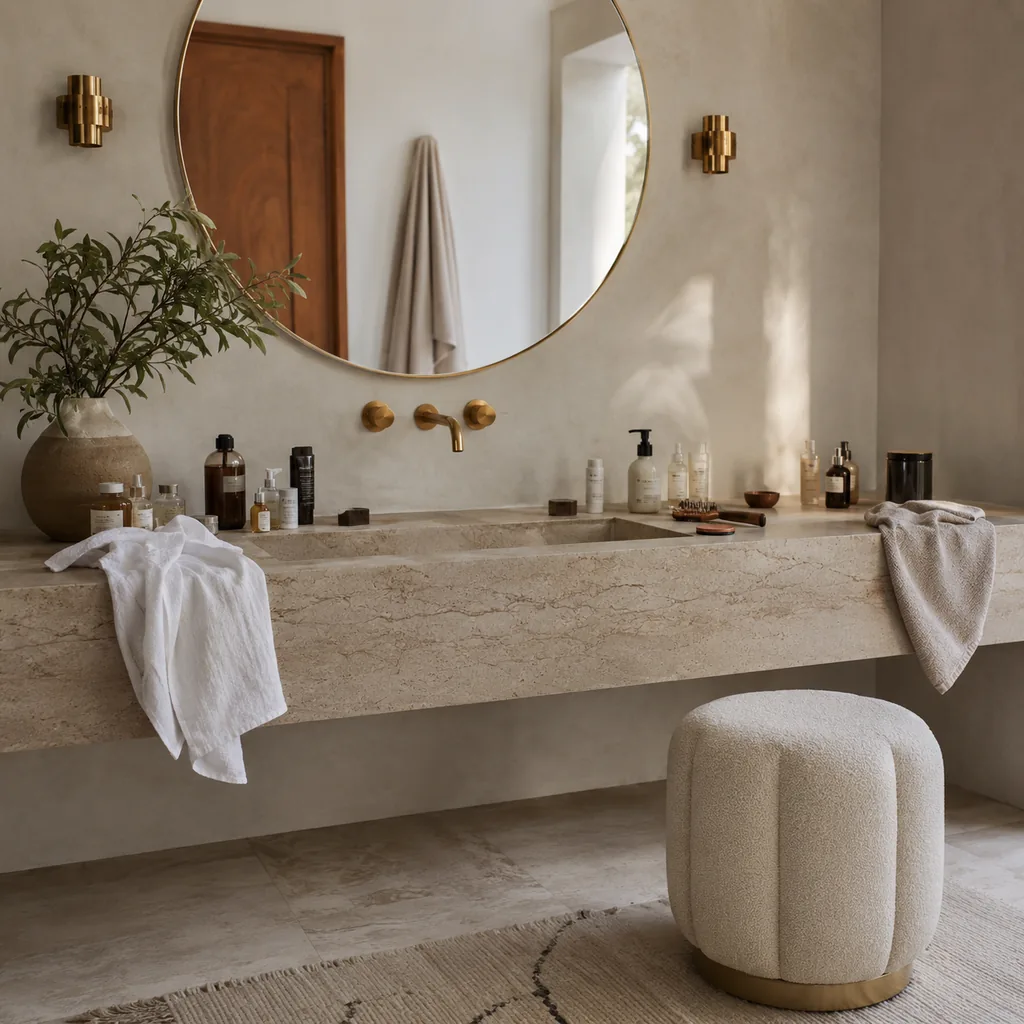 Realistic editorial photo of a beautiful but impractical bathroom vanity with no storage, wet towels, scattered daily products, and an unused decorative stool