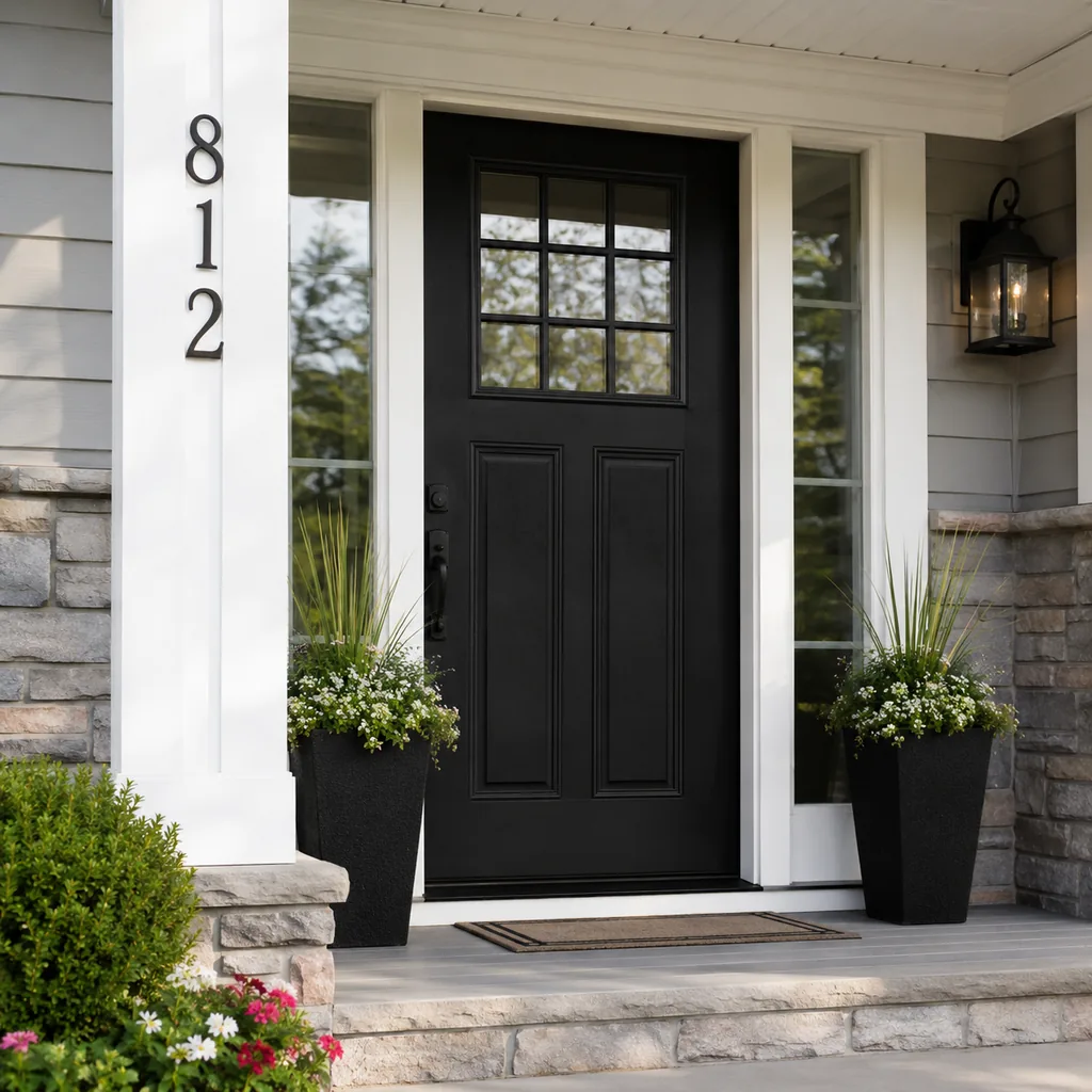Realistic editorial photo of a black front door on an American home with trim, planters, hardware, and porch details showing house numbers visible from the stre
