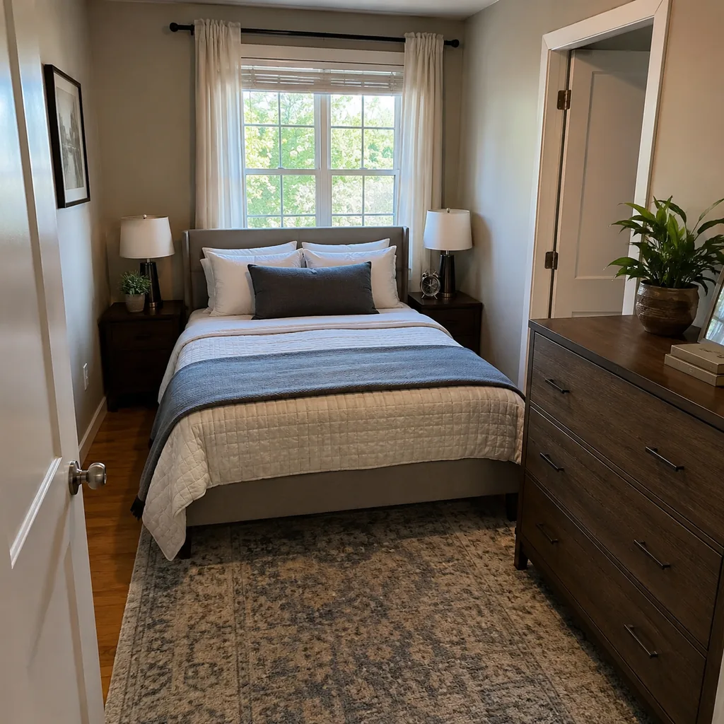 Realistic editorial photo of a compact American bedroom with bed, nightstands, window, dresser, and tight walkways showing layout that leaves door swings clear