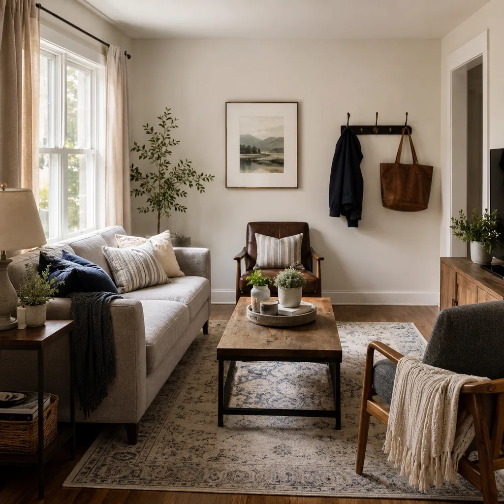 Realistic editorial photo of a compact living room with sofa, chairs, rug, coffee table, and window light showing wall hooks used sparingly