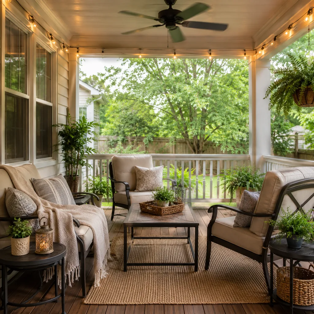 Realistic editorial photo of a covered porch with chairs, ceiling fan, plants, side tables, rug, and outdoor living details showing warm bulbs instead of harsh 
