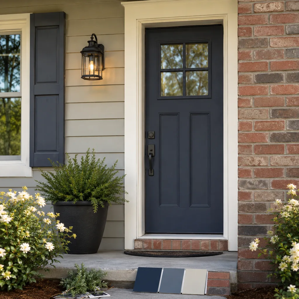 Realistic editorial photo of a front entry with door paint samples, brick, siding, plants, and trim showing color scheme with no quiet resting place