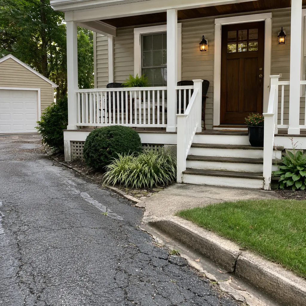 Realistic editorial photo of a front porch prepared for a home showing with steps, door, railings, seating, and curb appeal issues showing cracked driveway edge