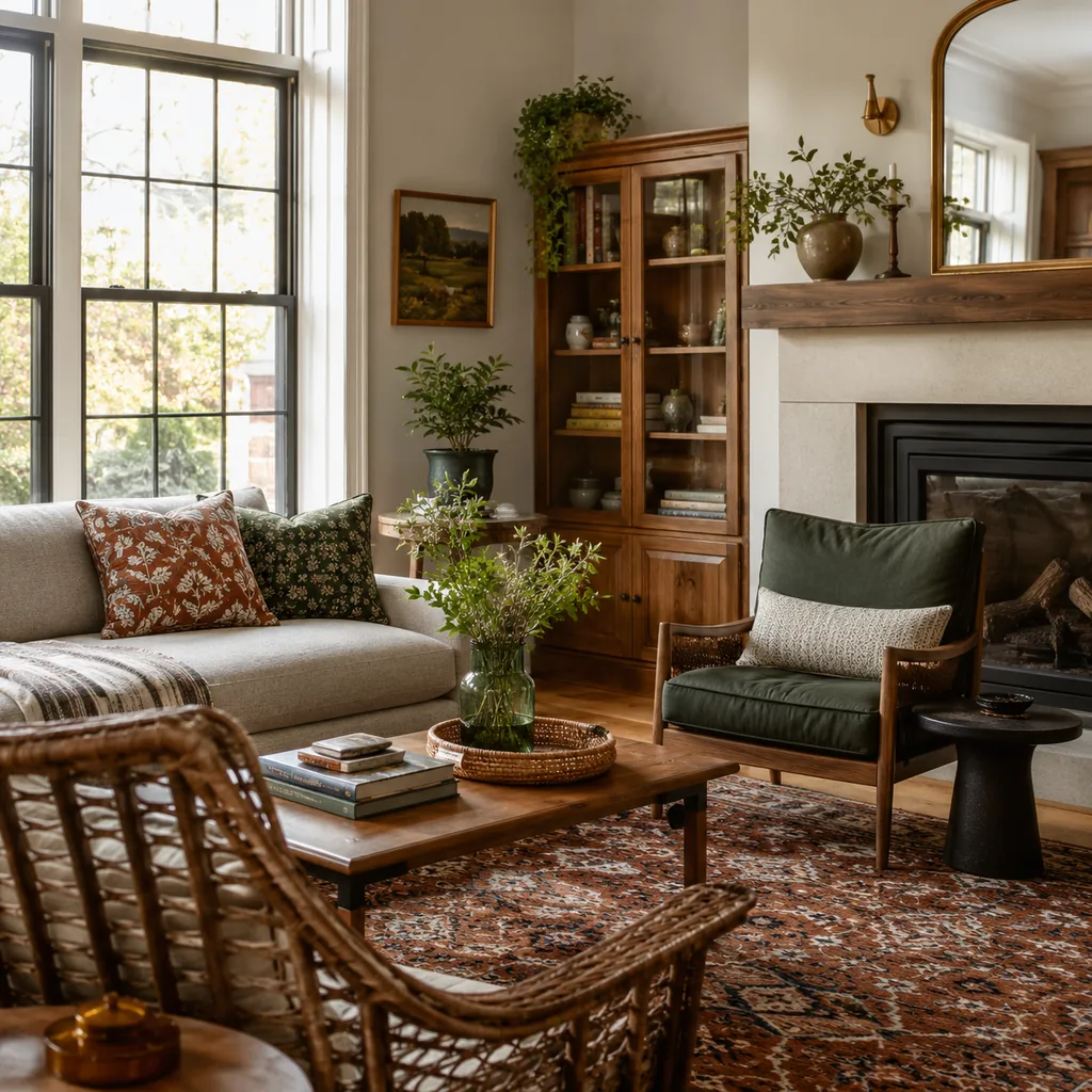 Realistic editorial photo of a home interior with vintage decor, modern furniture, warm wood, patterned accents, and layered lighting showing outdoor furniture