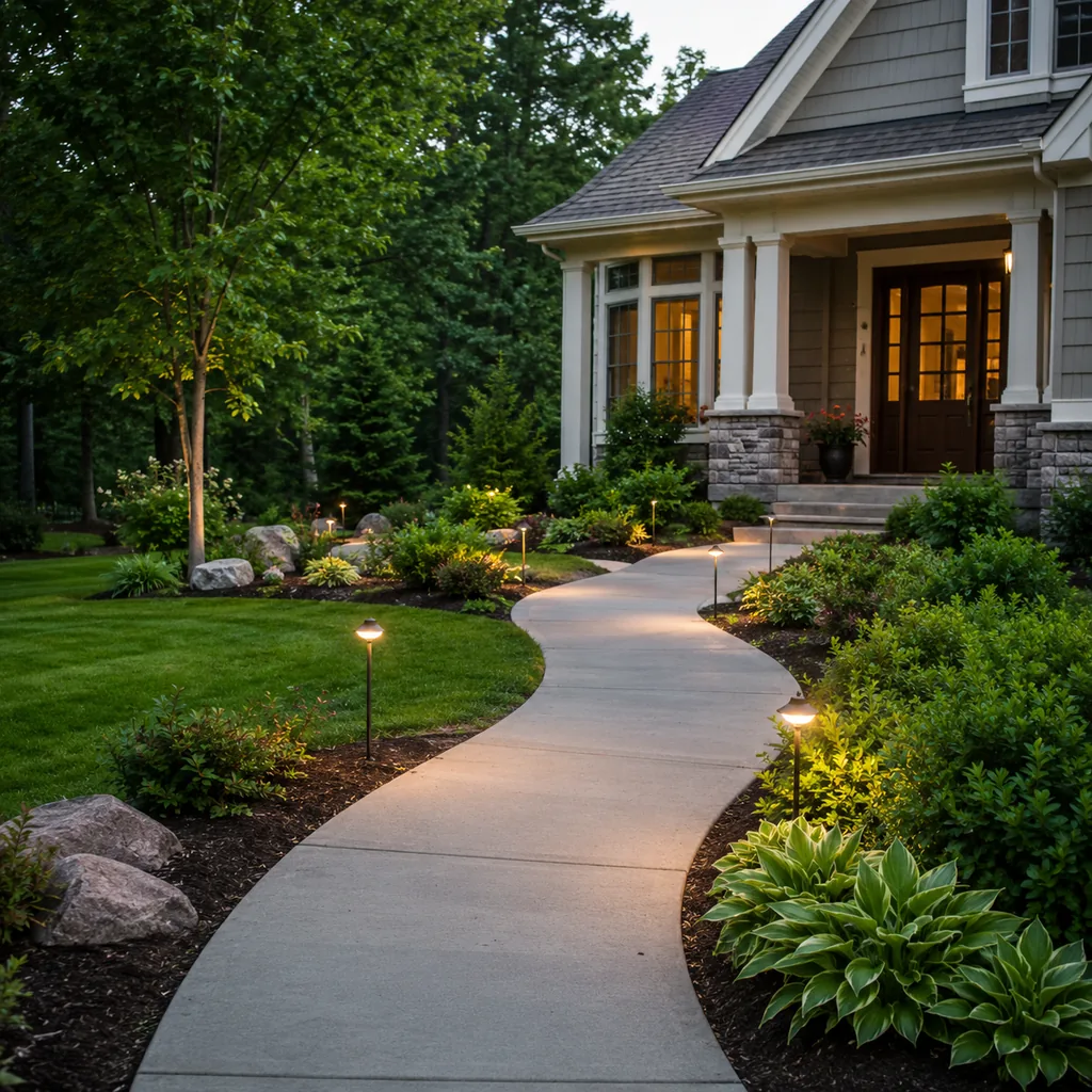Realistic editorial photo of a landscaped American front yard with lawn, shrubs, mulch beds, trees, walkway, and house exterior showing lighting skipping the pa