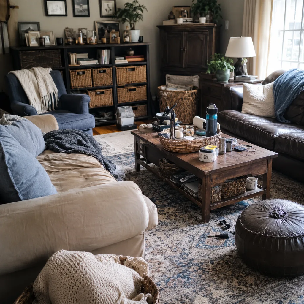 Realistic editorial photo of a living room with crowded surfaces, extra chairs, baskets, blankets, cords, and storage furniture showing items kept because they 