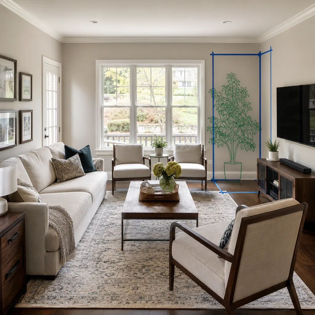 Realistic editorial photo of a living room with sofa, chairs, rug, TV, windows, and taped layout marks showing plant scaled to the corner