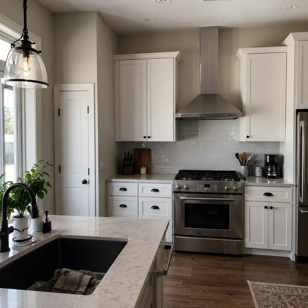 Realistic editorial photo of a realistic American kitchen with sink, cabinets, appliances, counters, and inspection details showing range wall with no visual ba
